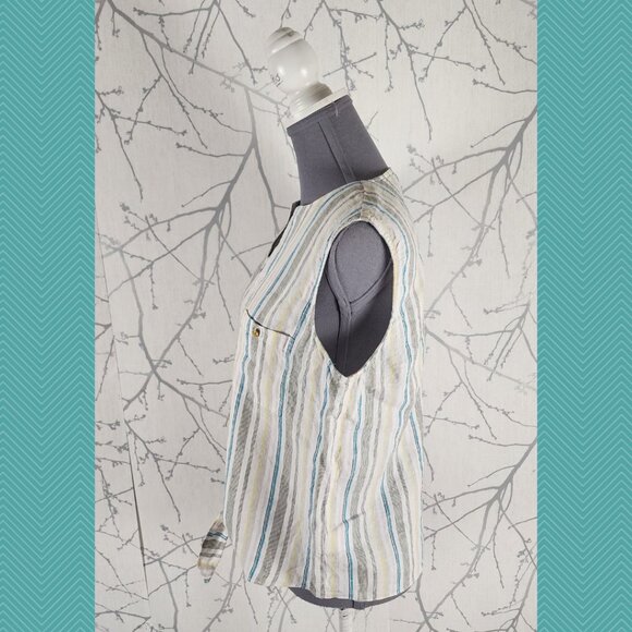 Ellen Tracy White Striped 100% Linen Tie Front Tank - Picture 2 of 4